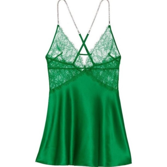 Victoria's Secret Other - New! Victoria's Secret Green Lace Diamante Strap Teddy Plunge Slip 22875